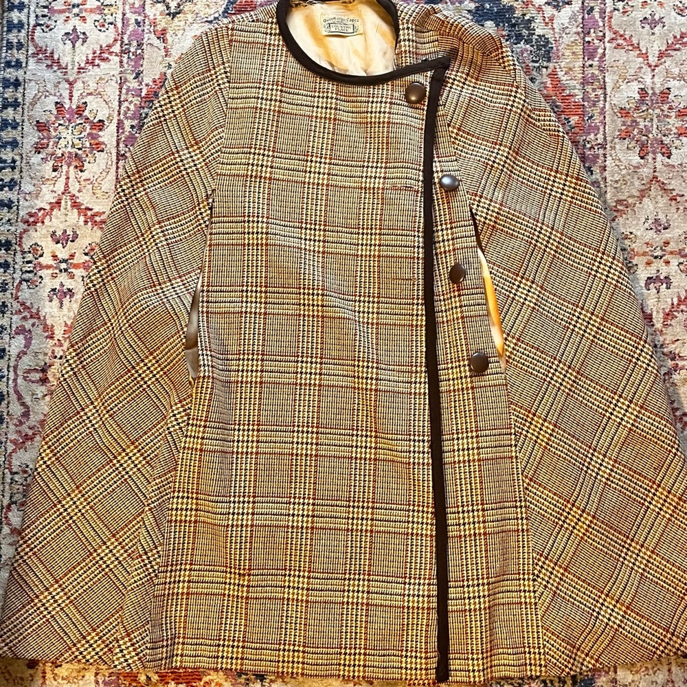 Plaid Cape Coat with Brown Trim